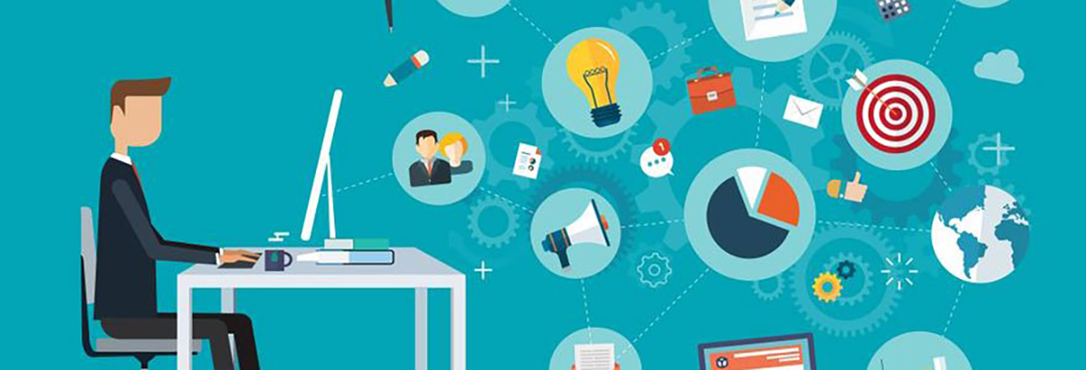 dessin d'un créatif assis àson bureau devant son ordinateur